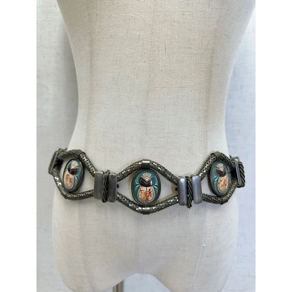 Vintage Egyptian Revival Scarab Beetle Antique Brass Mesh Chain Belt Women SM
